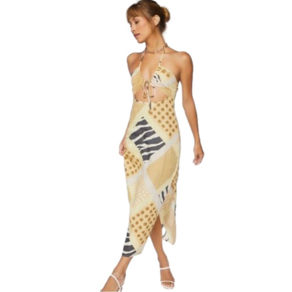 Zebra Patternblock Halter Yellow Midi Dress NWT